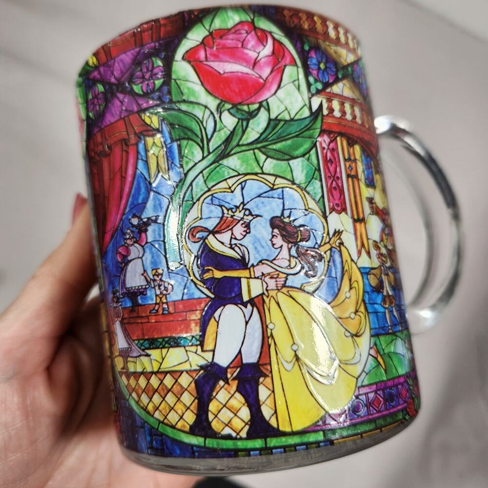 Disney Beauty & The Beast Belle Rose Window 17.5 Oz Stained Glass Coffee Tea Mug - Picture 3 of 8